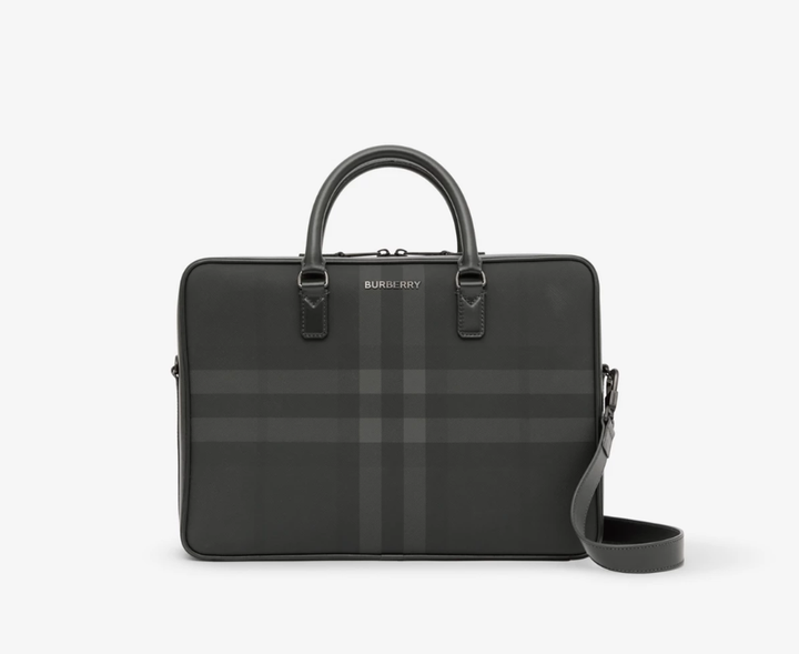 Charcoal Check and Leather Briefcase