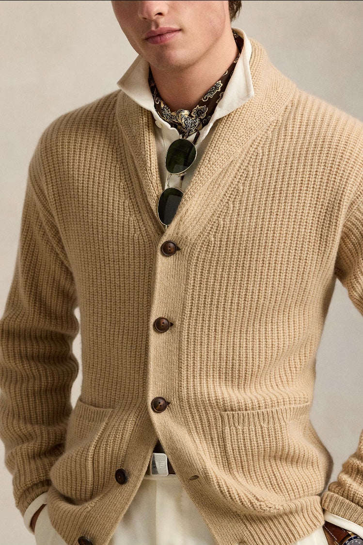 Textured Wool-Cashmere Shawl Cardigan Dune Melange