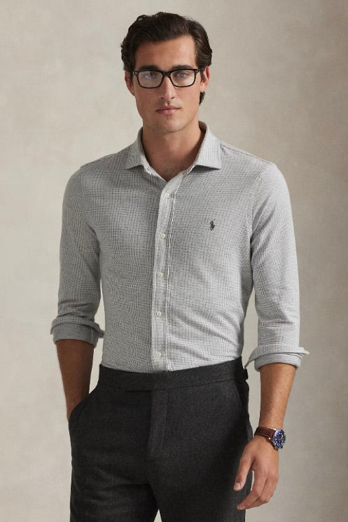 Houndstooth Jersey Spread-Collar Shirt