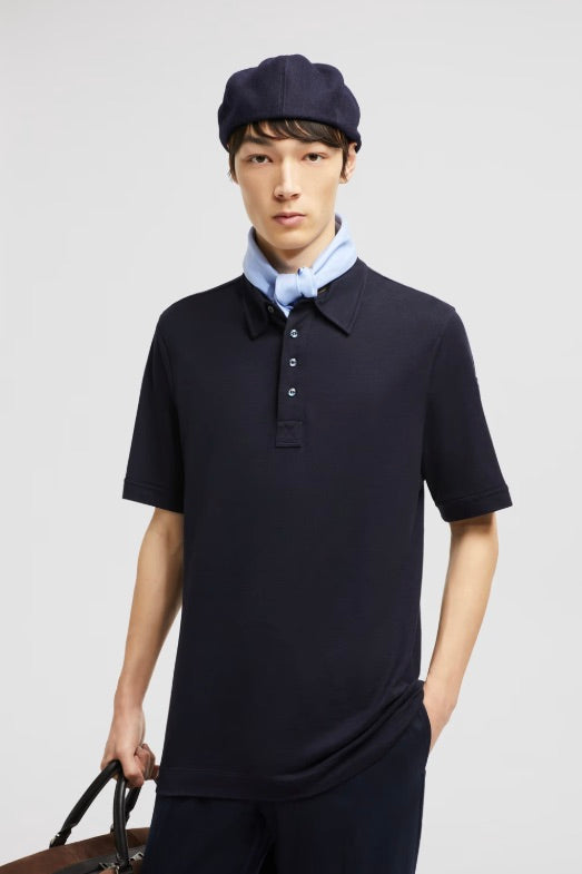 Double Leather Logo Cotton Polo Shirt Navy
