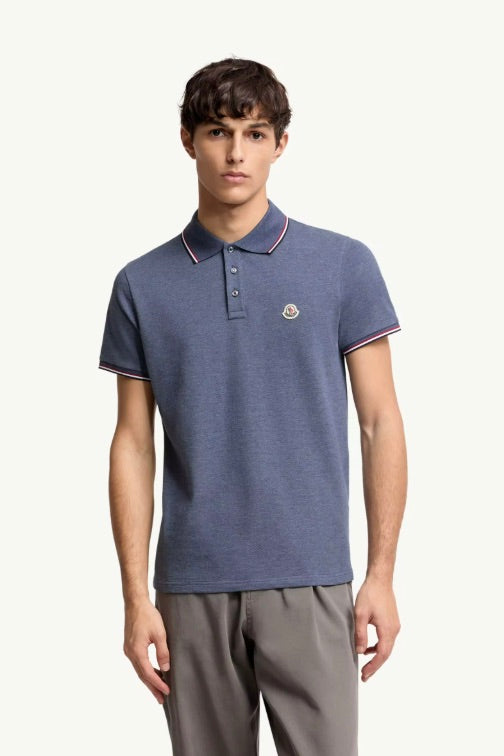 Tricolour-Trimmed Cotton Piquet Polo Shirt Pastel Blue