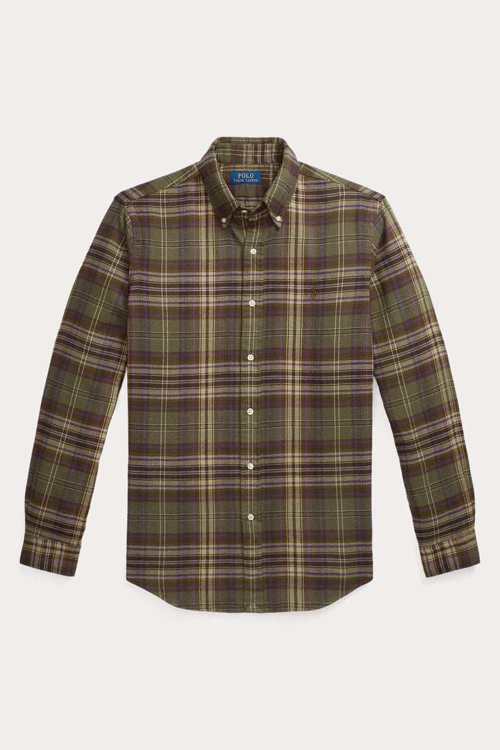 Custom Fit Plaid Brushed Flannel Shirt Olive/Brown Multi