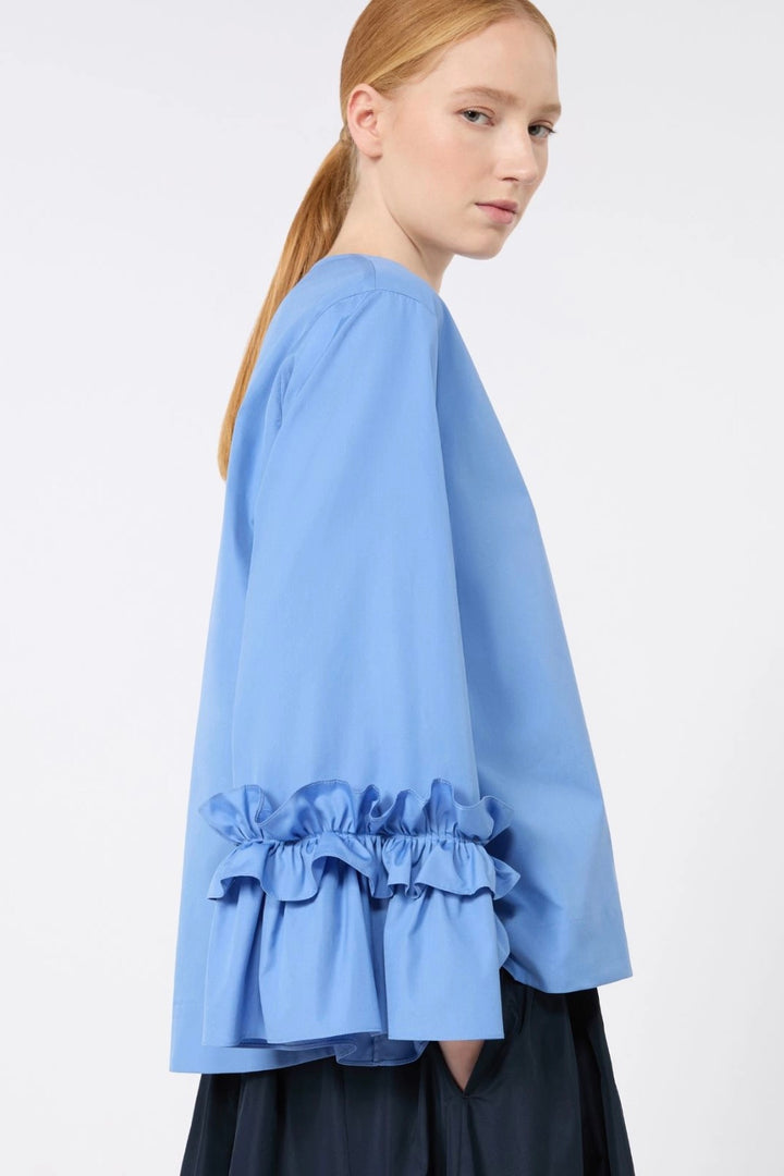 Poplin Blouse with Ruffles and Flounces Blouse Azure Blue