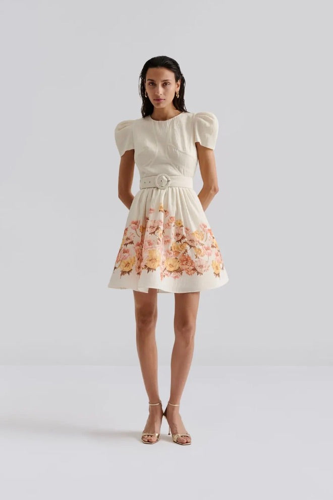 Vanna Pouf Sleeve Mini Dress Cream Peony