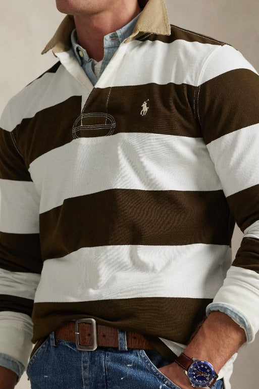 Classic Fit Khaki-Collar Rugby Shirt Dark Brown/Trophy Cream