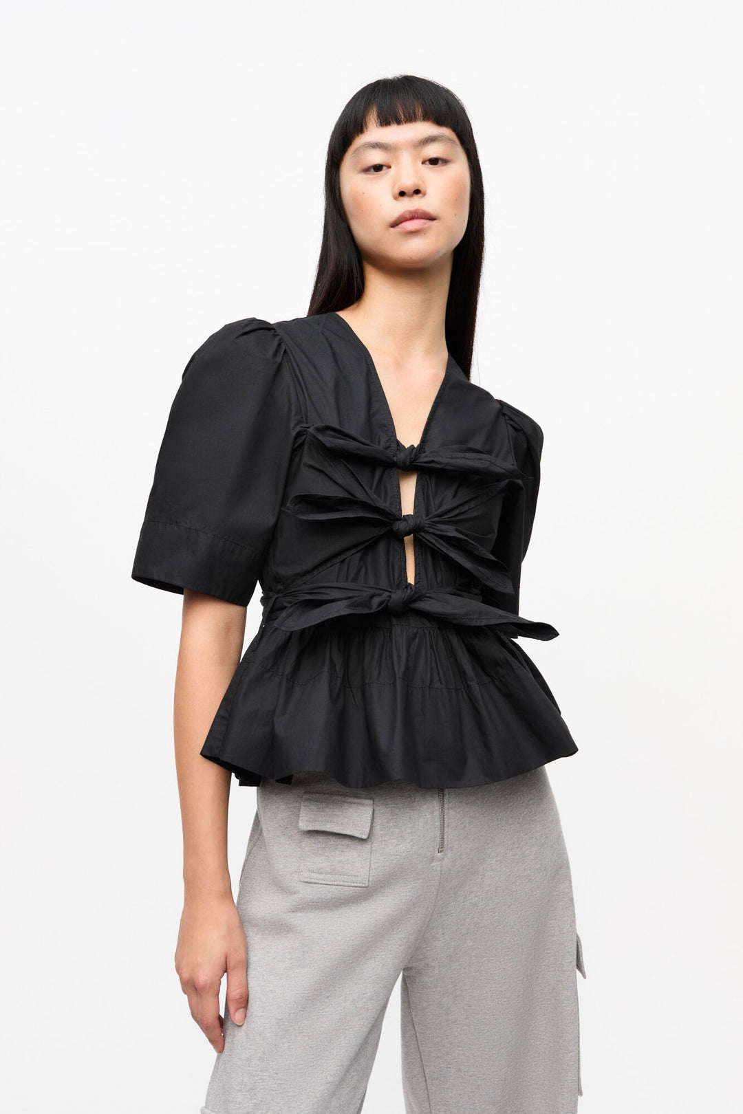 Washed Stretch Cotton Tie Strap Blouse Black