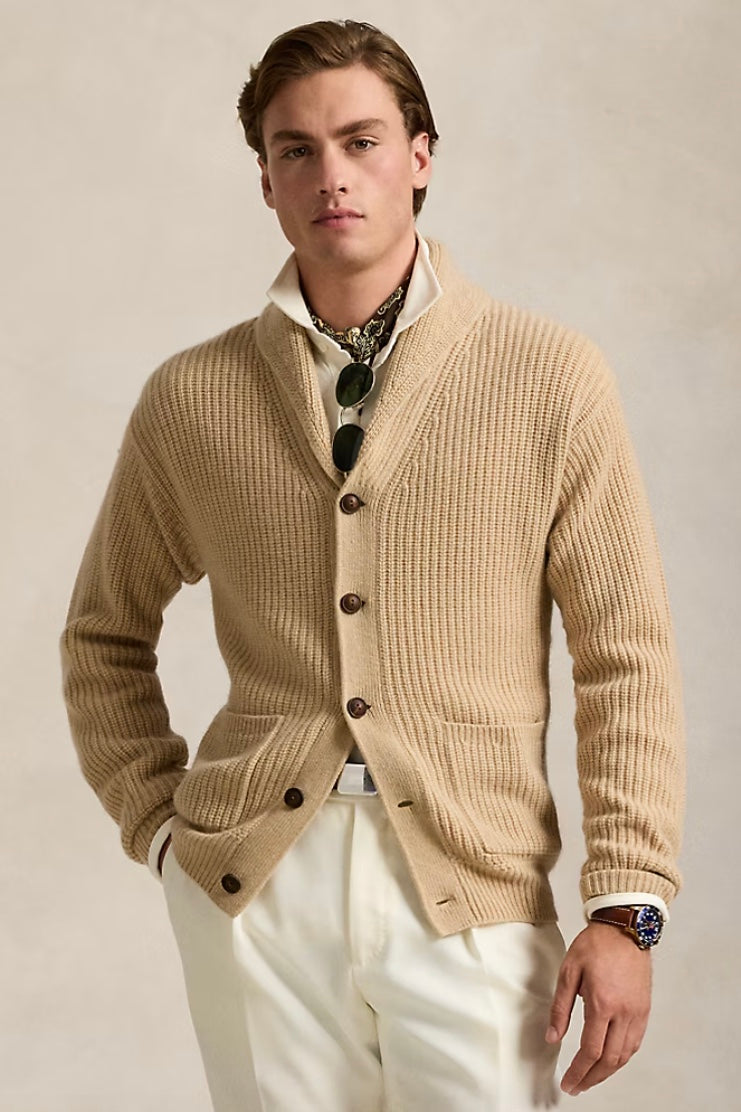 Textured Wool-Cashmere Shawl Cardigan Dune Melange