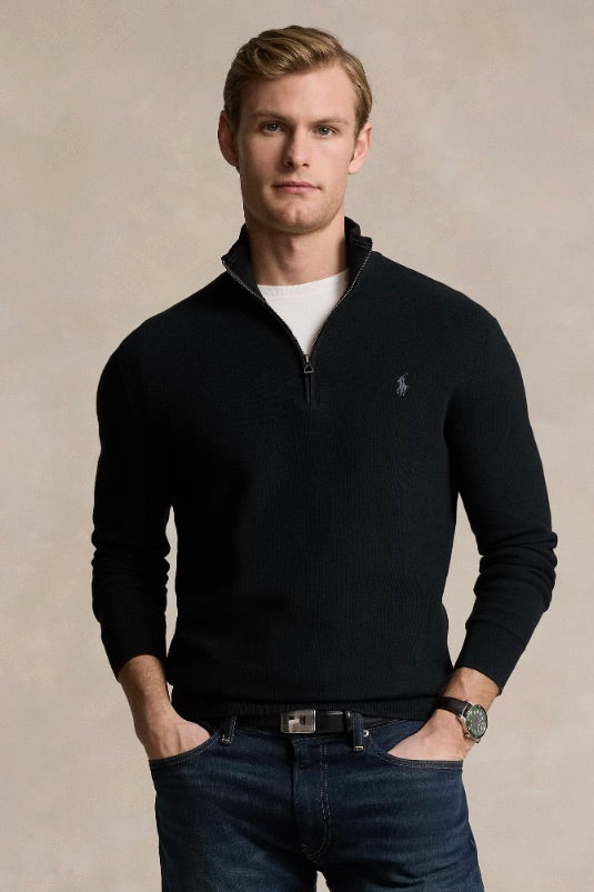 Mesh-Knit Cotton Quarter-Zip Jumper Polo Black