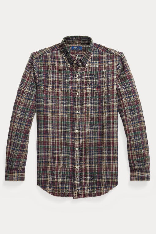 Custom Fit Plaid Brushed Flannel Shirt Wine/Khaki