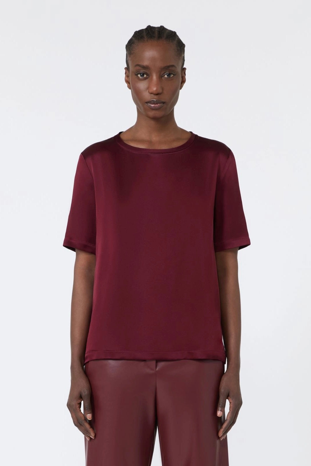Satin Crew-Neck Blouse Bordeaux