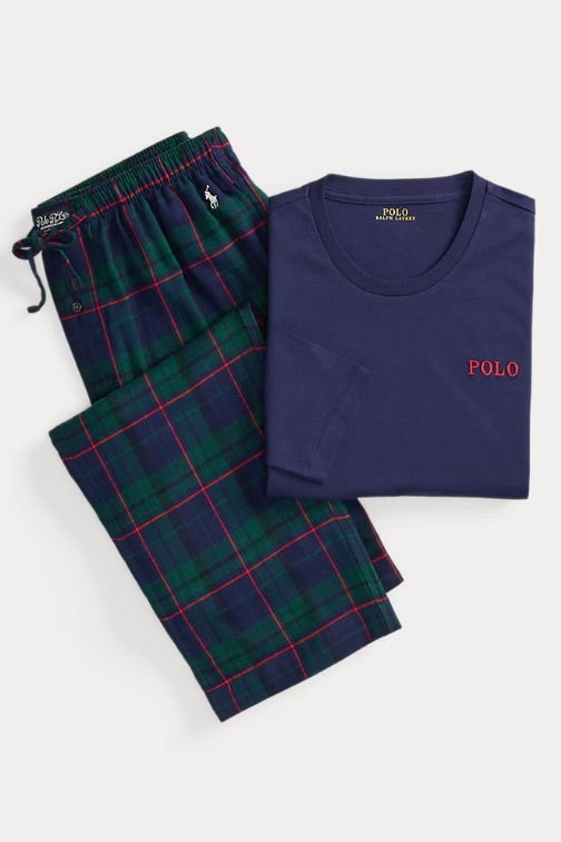 Cotton Jersey & Plaid Flannel Sleep Set Navy/Green Multi