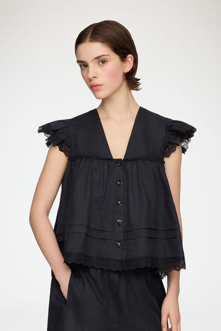 Light Linen Angel Sleeve Blouse Black