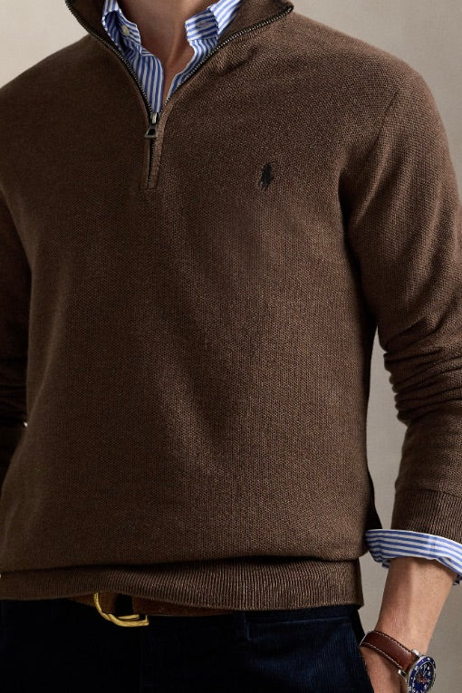 Mesh-Knit Cotton Quarter-Zip Jumper Nutmeg Brown