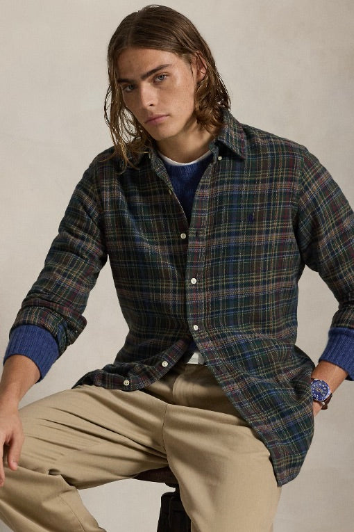 Custom Fit Plaid Brushed Flannel Shirt Pine Navy Multi