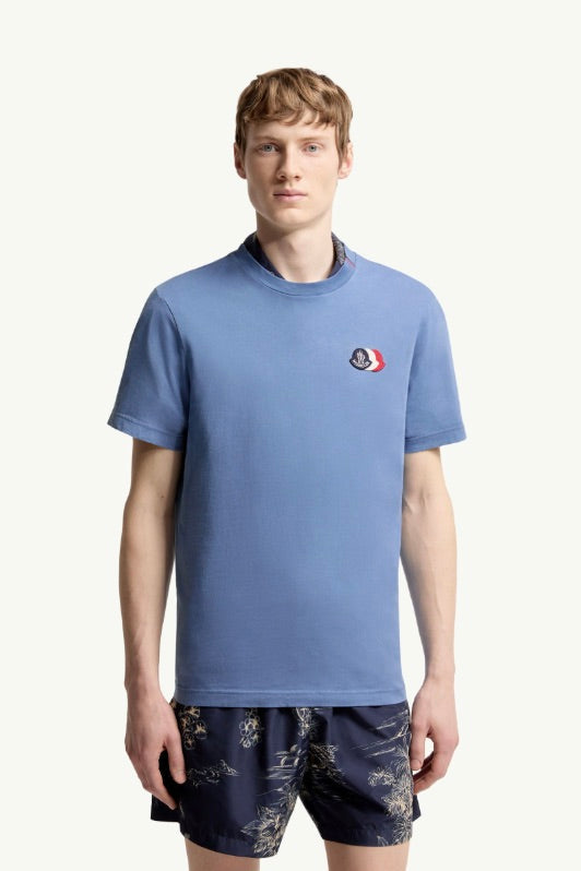 Embroidered Tricolor Logo Cotton T-Shirt Light Blue