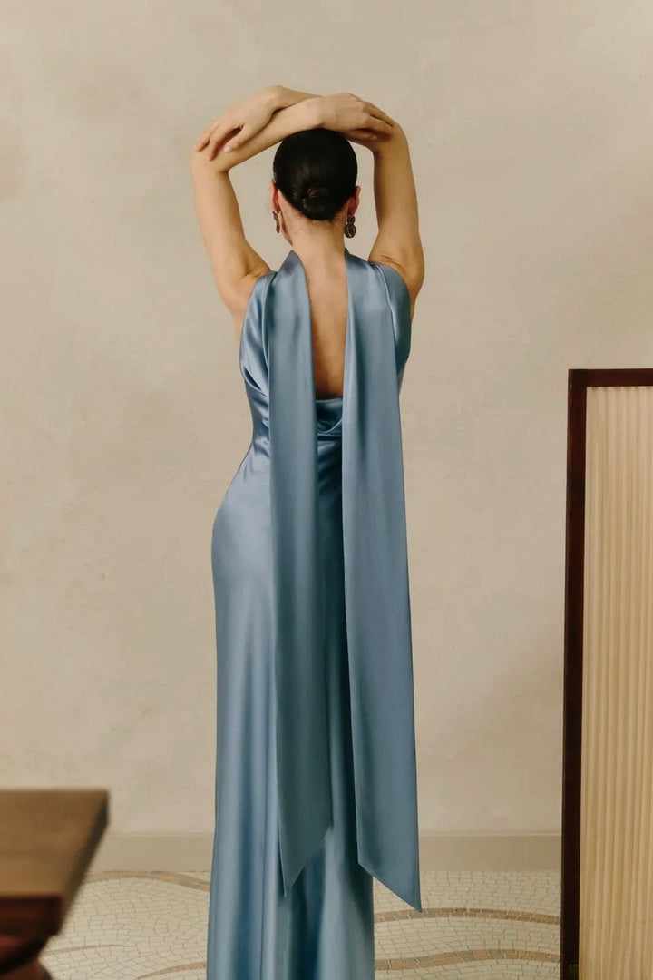 Vida Cowl Neck Scarf Maxi Dress Steel Blue
