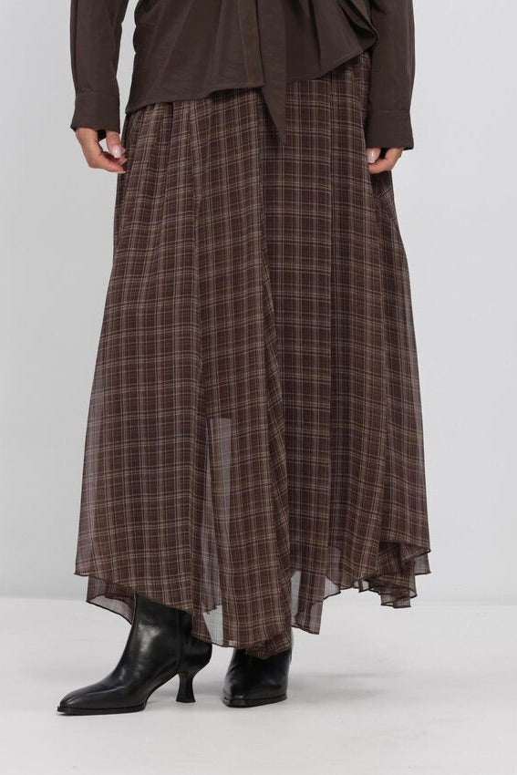 Asymmetric Checked Maxi Skirt Marrone