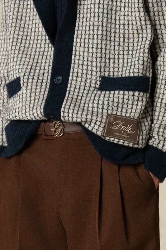 Waffle Knitwear Cardigan Drôle Patch Navy