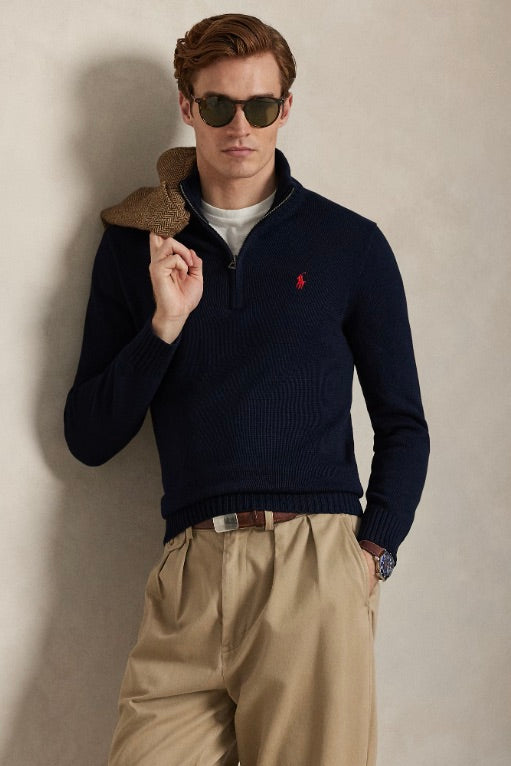 Cotton Quarter-Zip Mockneck Jumper Hunter Navy