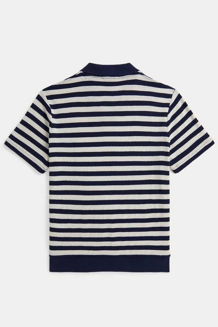 POLO RALPH LAUREN Striped Pointelle-Ribbed Polo Shirt Navy/Pale Cream - Dale