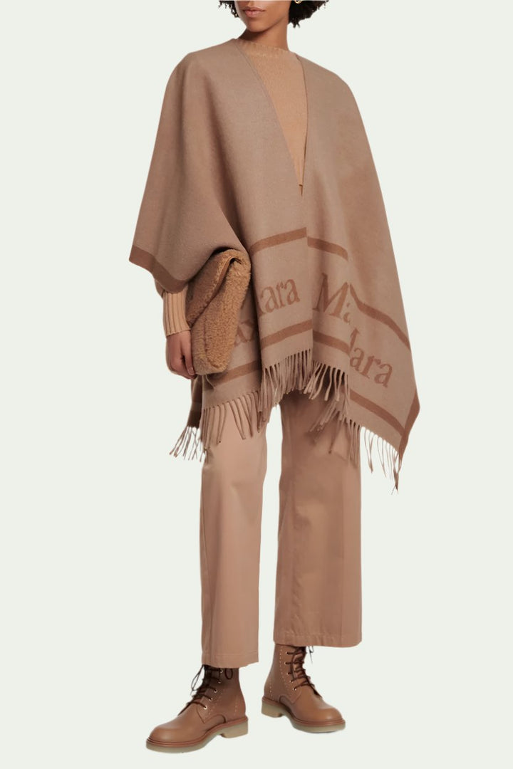 Hilde Jacquard Logo Wool Poncho Camel