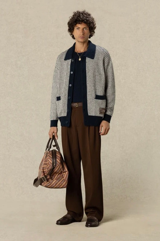 Waffle Knitwear Cardigan Drôle Patch Navy