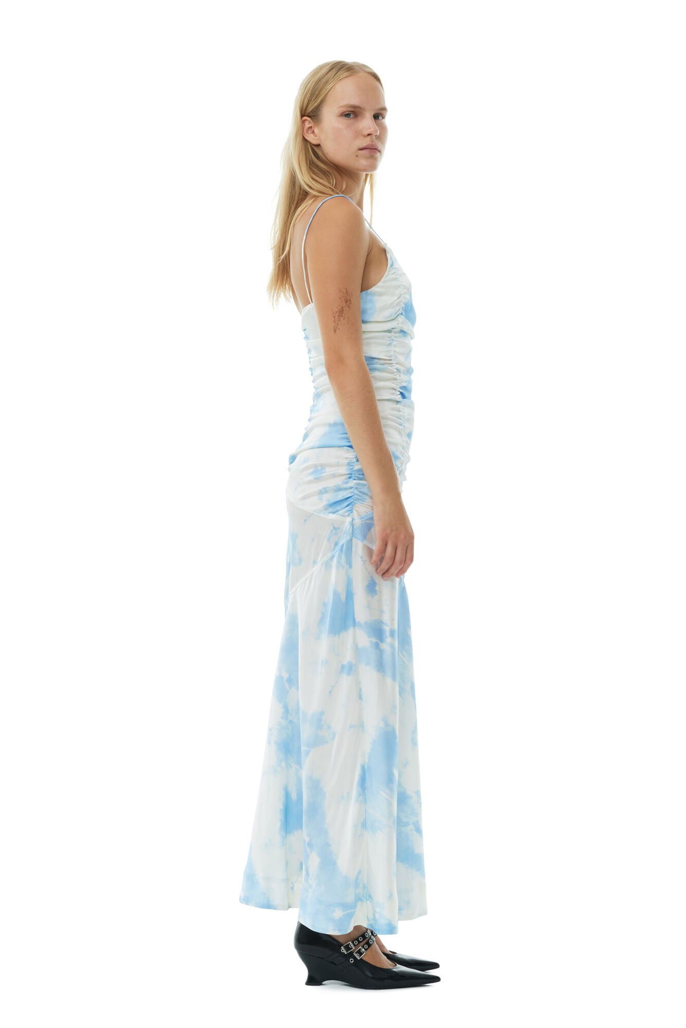【関税＆送料込み】Ganni Draped Satin Dress Pineneedle Green Satin Gathered Dress | GANNI IT