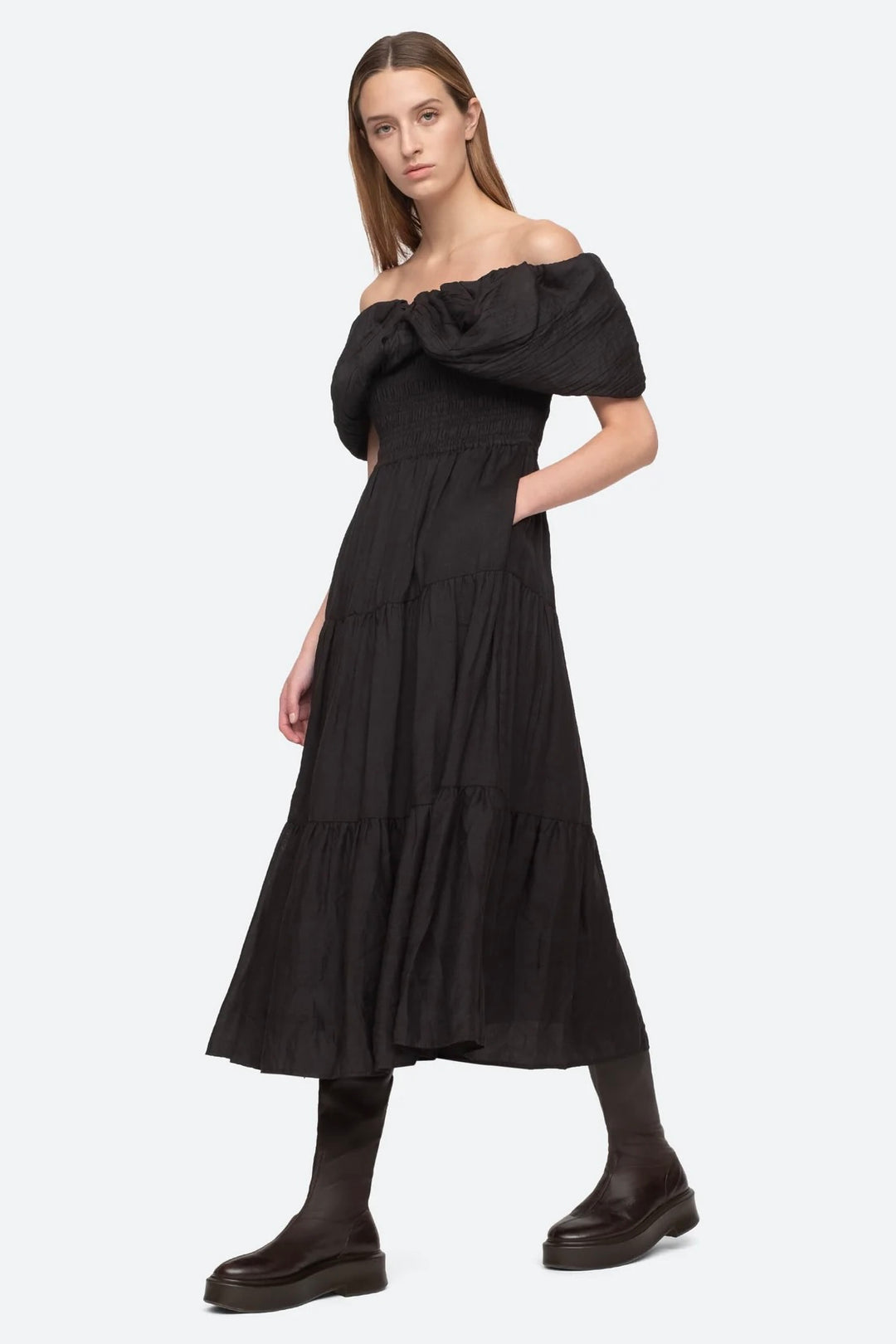 LOREN SOLID OFF SHOULDER DRESS