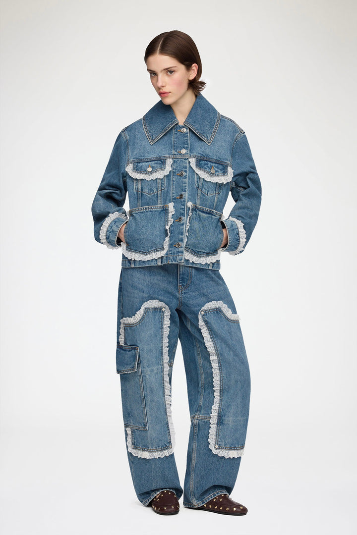 Rigid Denim Lace Jacket Dark Vintage Blue