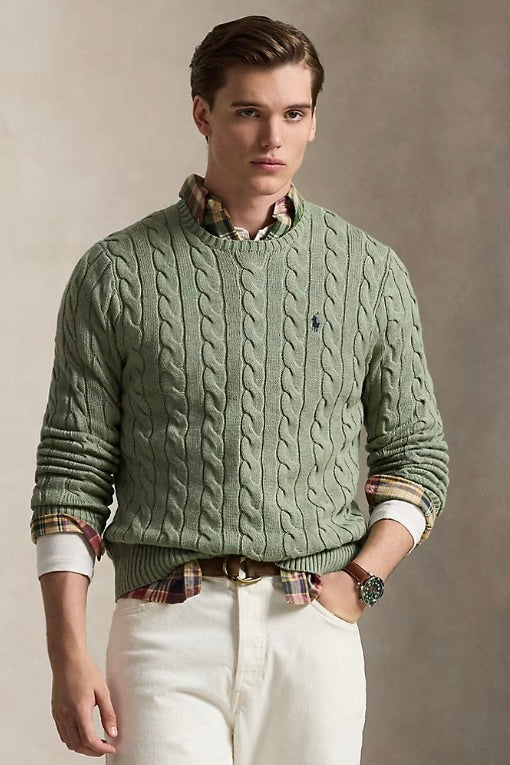 Cable-Knit Cotton Jumper Fern Green Heather