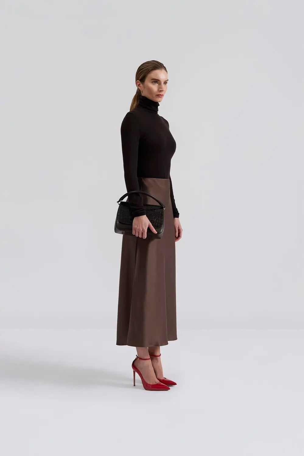 BY MALINA Aubree Satin Midi Skirt Chocolate - Dale