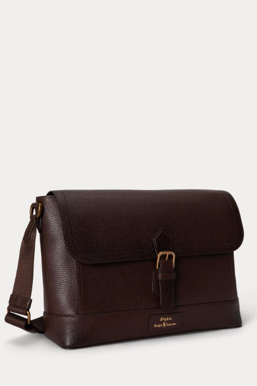 Pebbled Leather Messenger Bag Dark Brown
