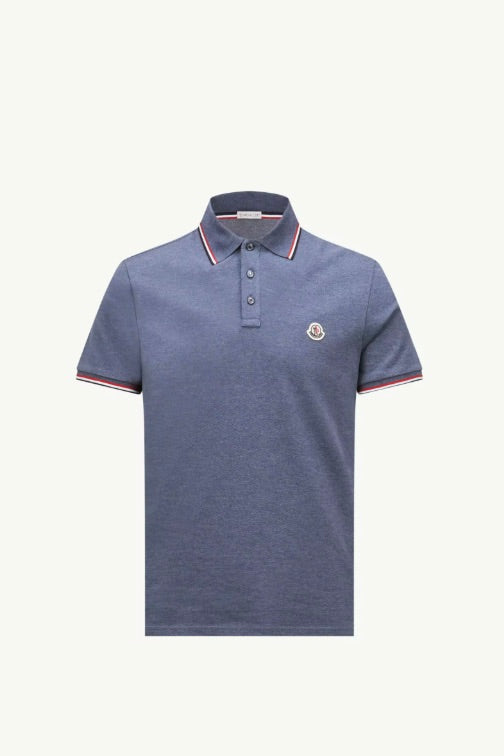 Tricolour-Trimmed Cotton Piquet Polo Shirt Pastel Blue