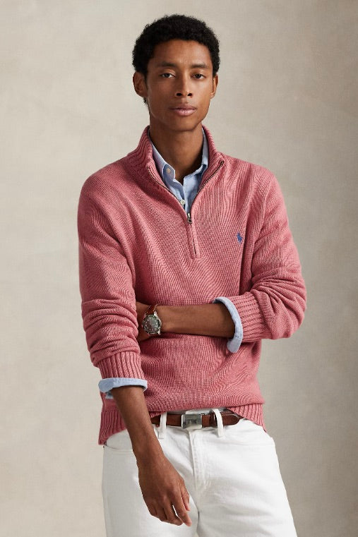 Cotton Quarter-Zip Mockneck Jumper Strawberry Heather