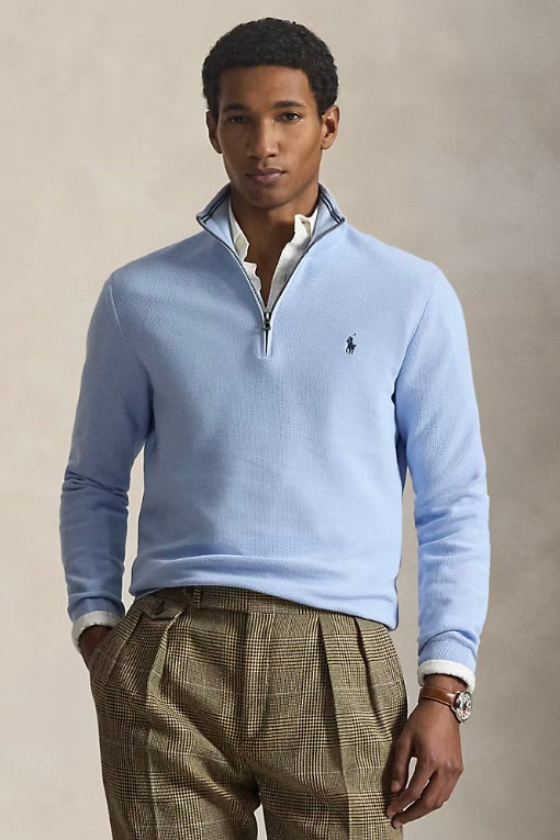 Mesh-Knit Cotton Quarter-Zip Jumper Office Blue