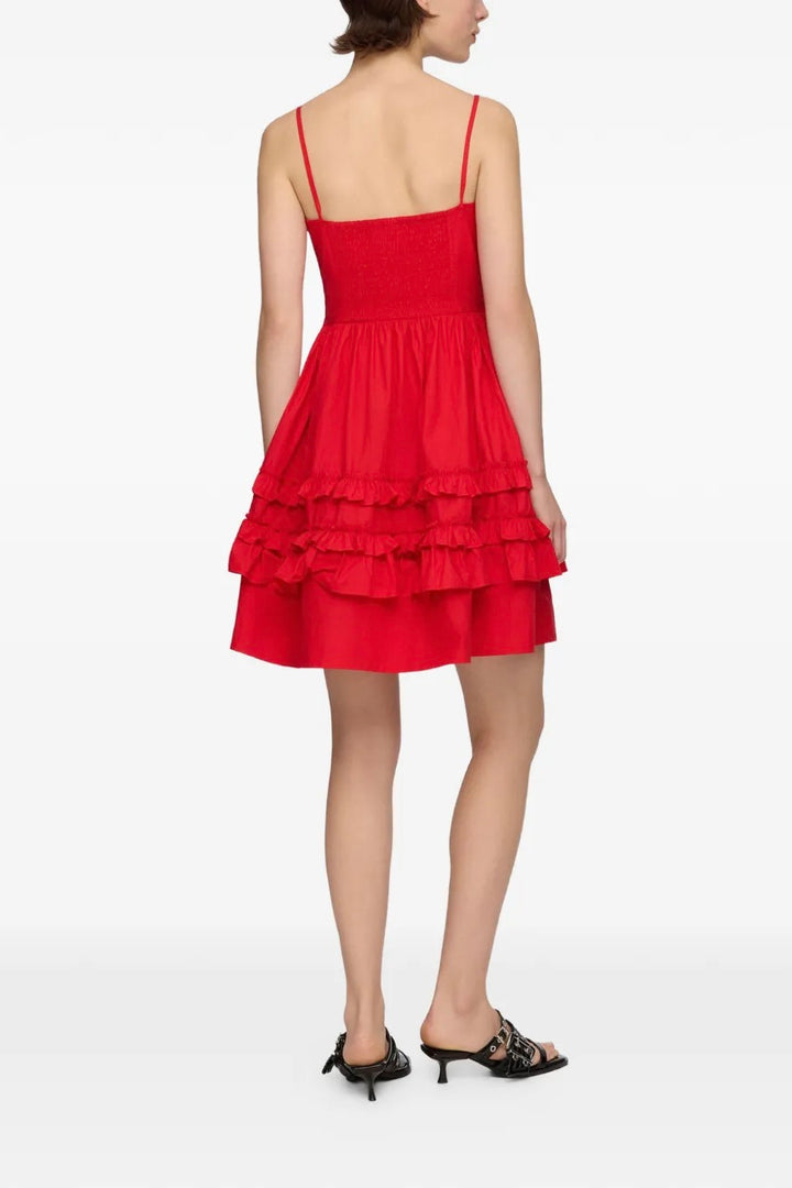 Cotton Poplin Mini Strap Frill Dress Racing Red