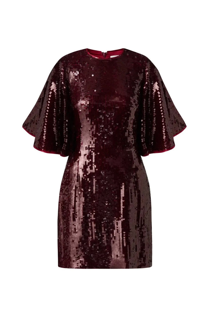 Yvette Wide Sleeve Sequin Mini Dress Deep Red