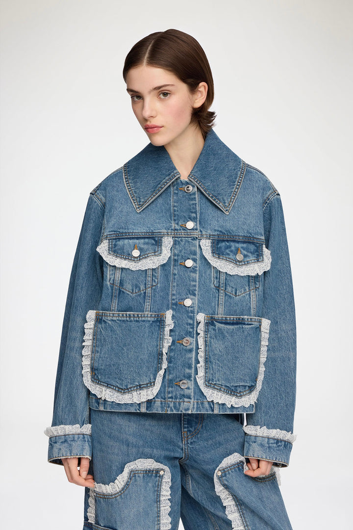 Rigid Denim Lace Jacket Dark Vintage Blue