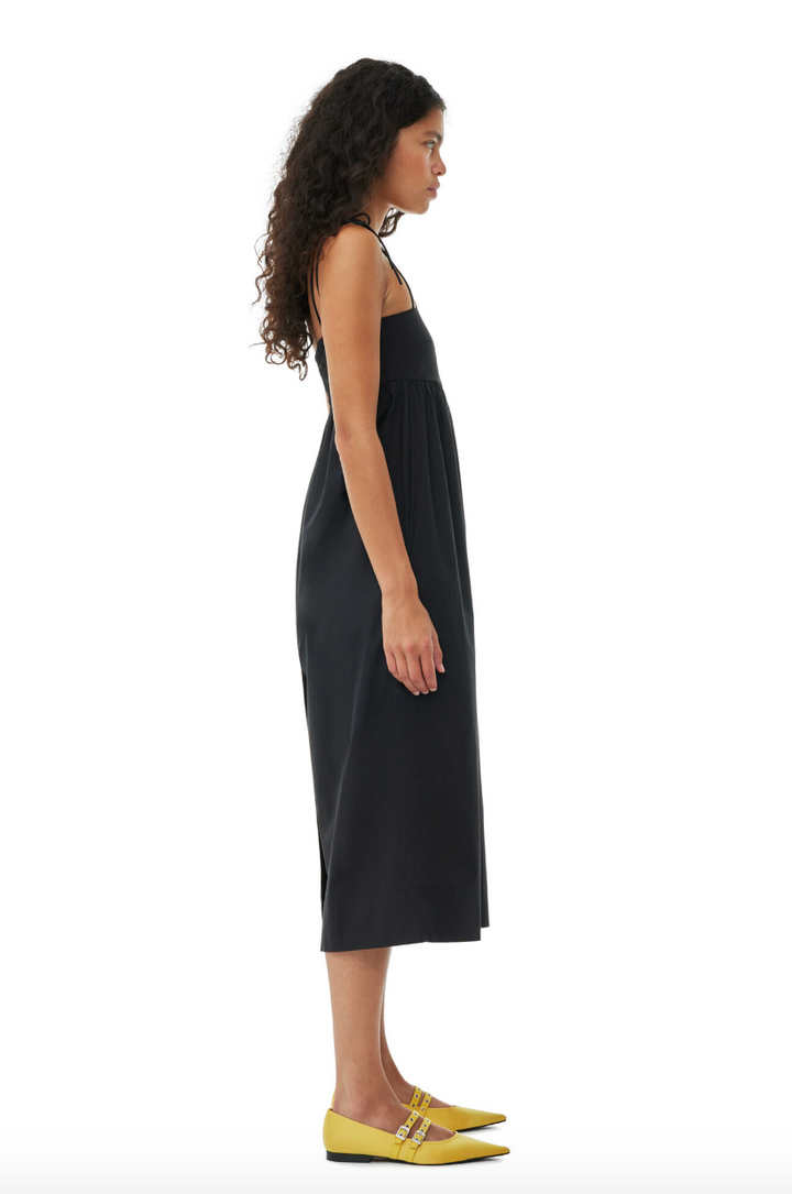 Cotton Poplin String Midi Dress - Black