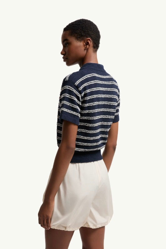 Cotton Blend Bouclé Crêpe Polo Shirt Navy