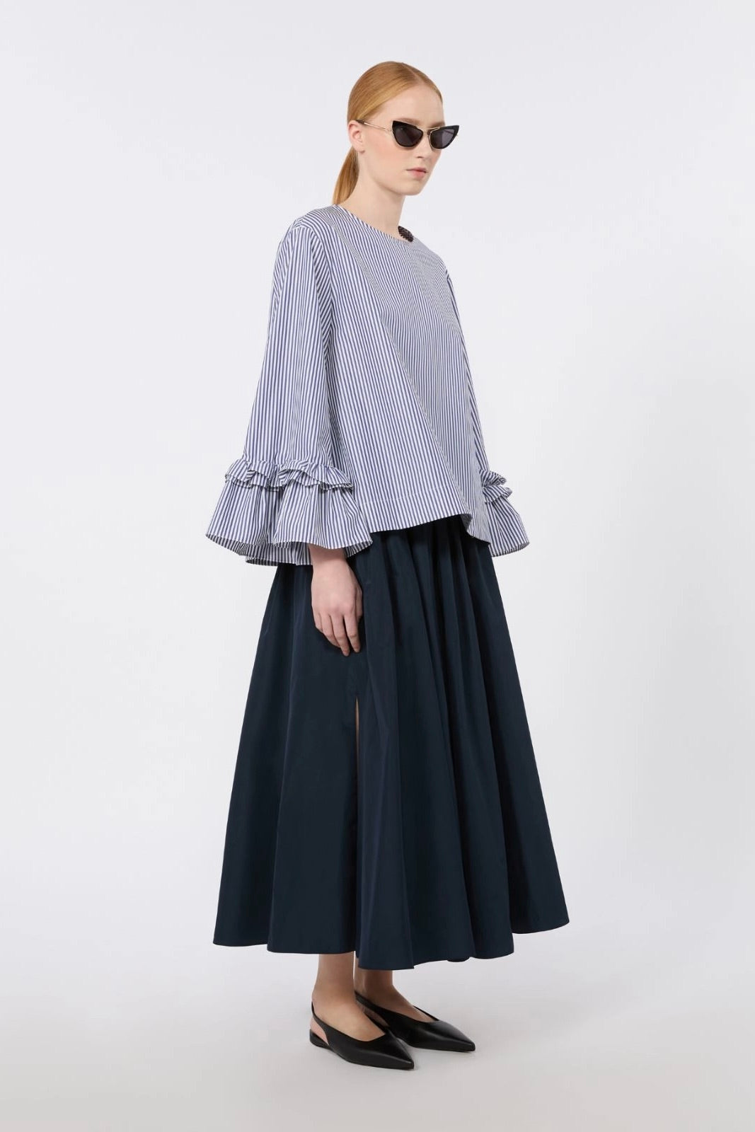 Poplin Blouse with Ruffles and Flounces Light Blue Stripe