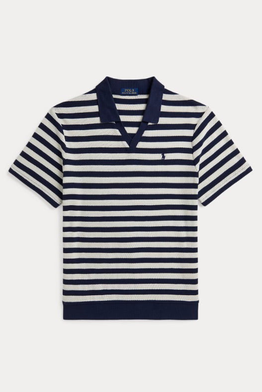 POLO RALPH LAUREN Striped Pointelle-Ribbed Polo Shirt Navy/Pale Cream - Dale