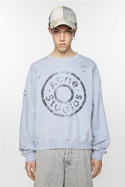 Sweater Logo Print Distressed Blue Melange