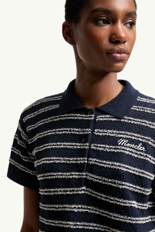 Cotton Blend Bouclé Crêpe Polo Shirt Navy