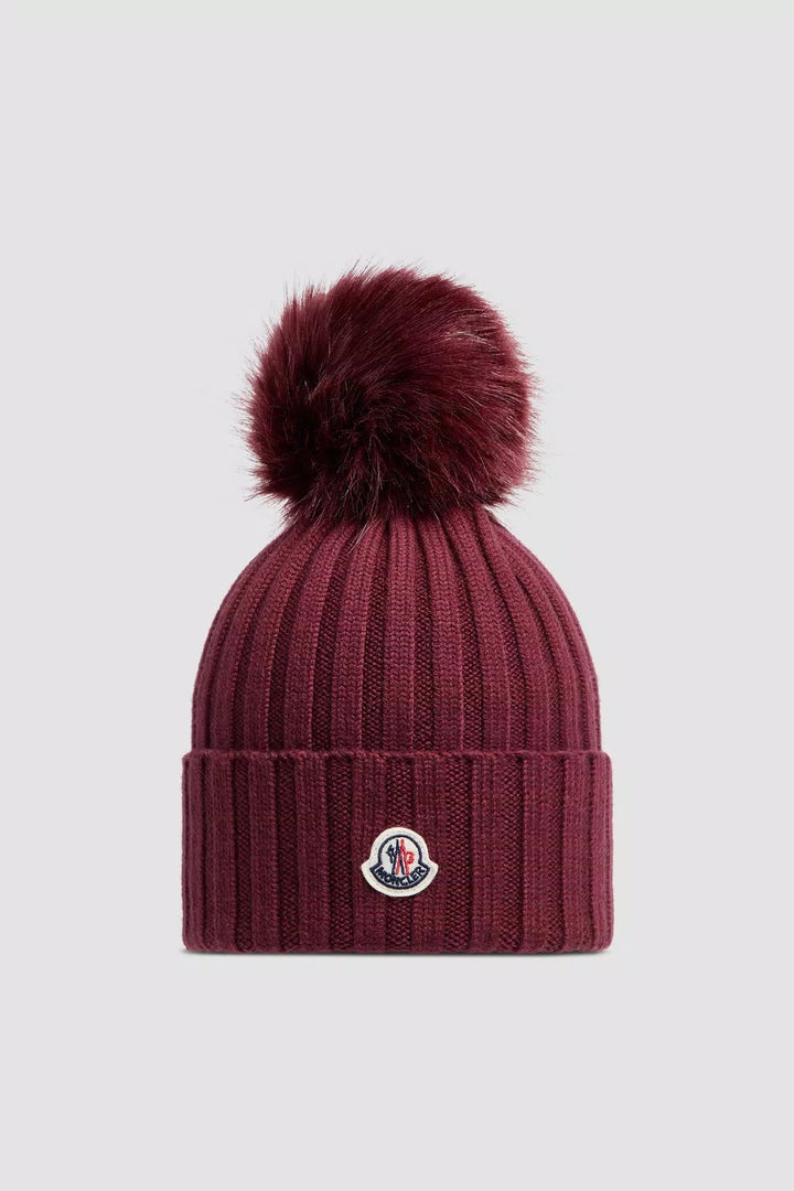 Wool Beanie Pom Pom Burgundy