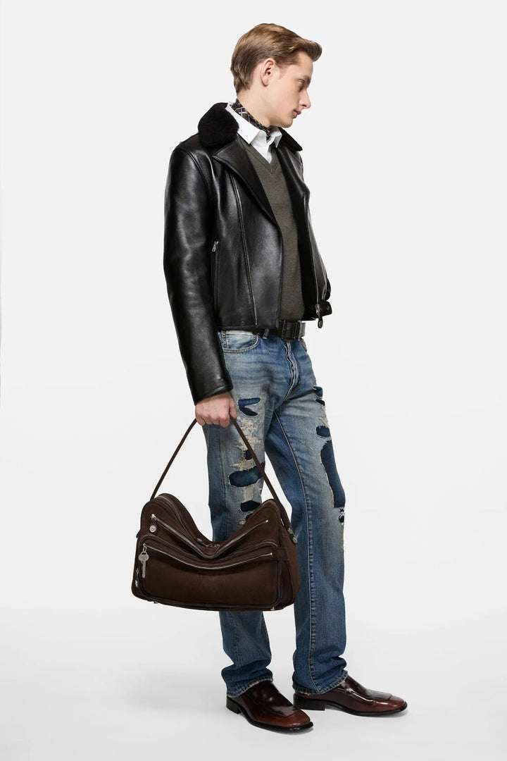 Camero Camera Suede Shoulder Bag Dark Brown
