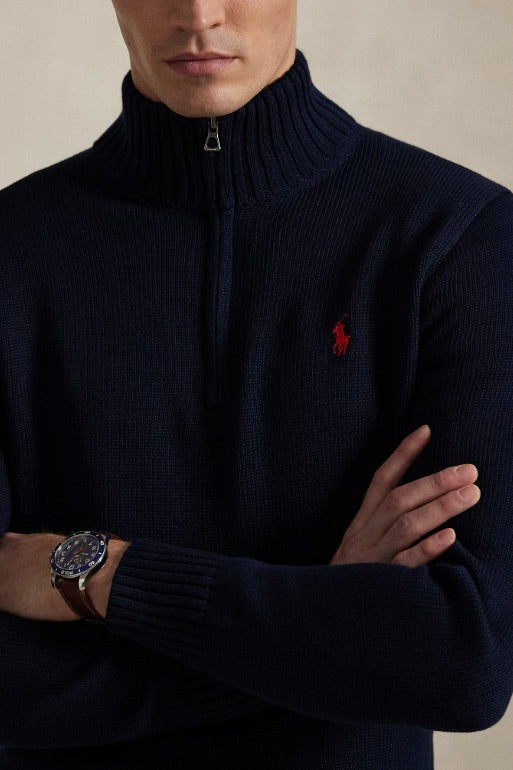 Cotton Quarter-Zip Mockneck Jumper Hunter Navy