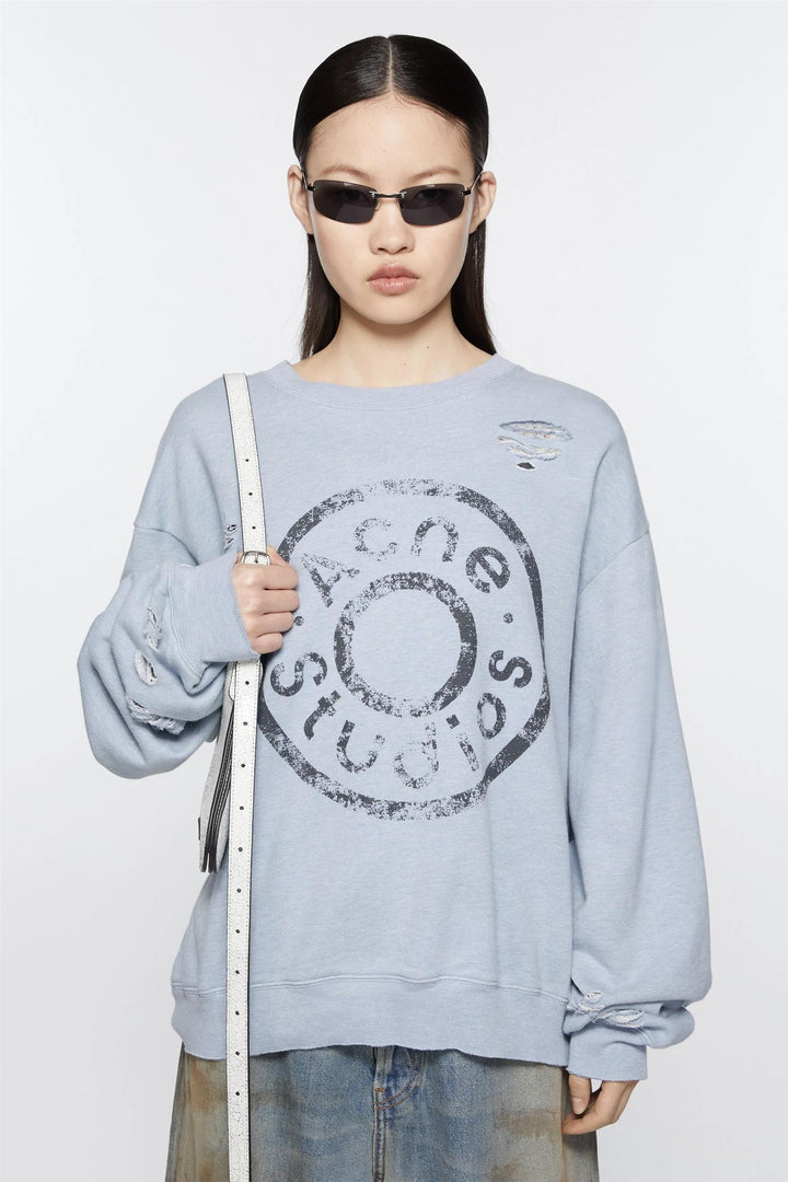 Sweater Logo Print Distressed Blue Melange