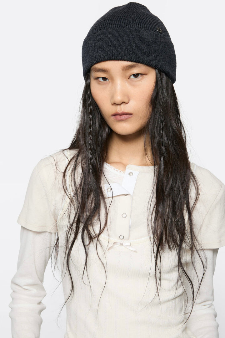 Wool Beanie With Rivet Dark Navy Melange
