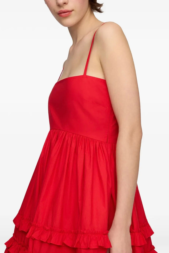 Cotton Poplin Mini Strap Frill Dress Racing Red
